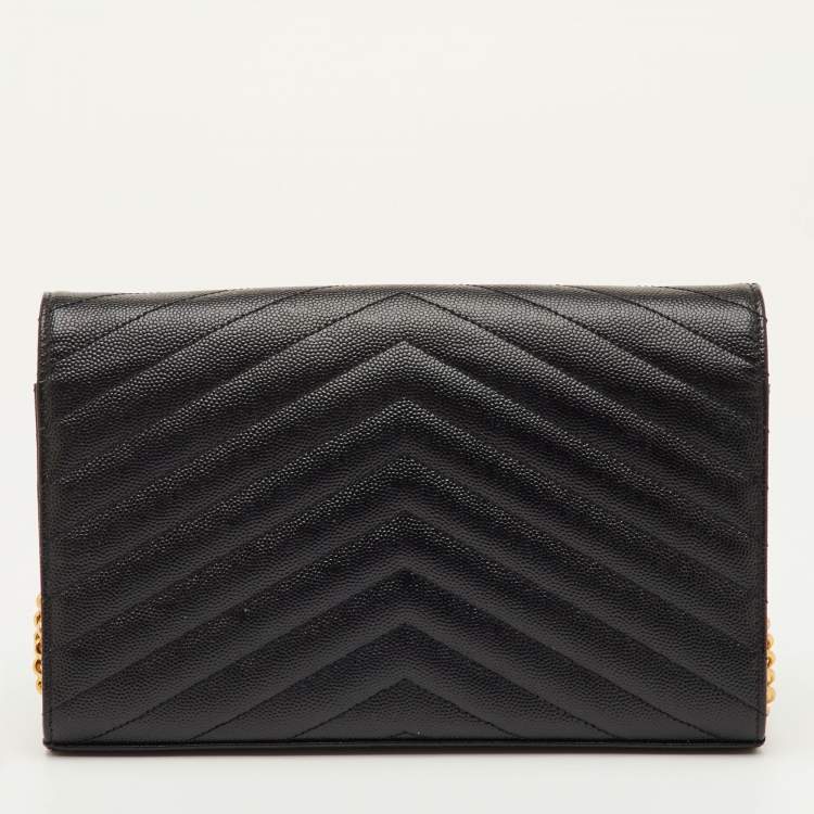 Pre Owned Saint Laurent Monogram Envelope Black Matelasse Leather Wallet On Chain