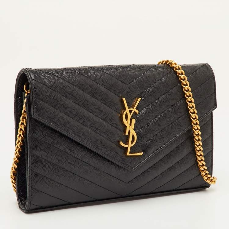 Pre Owned Saint Laurent Monogram Envelope Black Matelasse Leather Wallet On Chain