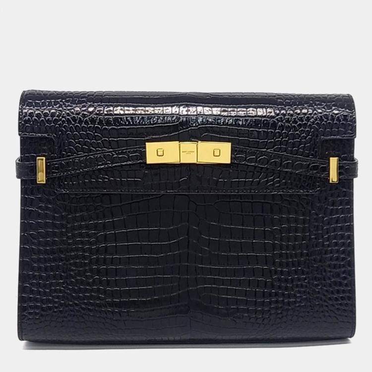 مملوكة مسبقًا Saint Laurent Paris Black Croc Embossed Leather Manhattan Shoulder Bag
