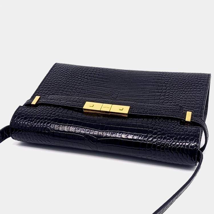 مملوكة مسبقًا Saint Laurent Paris Black Croc Embossed Leather Manhattan Shoulder Bag