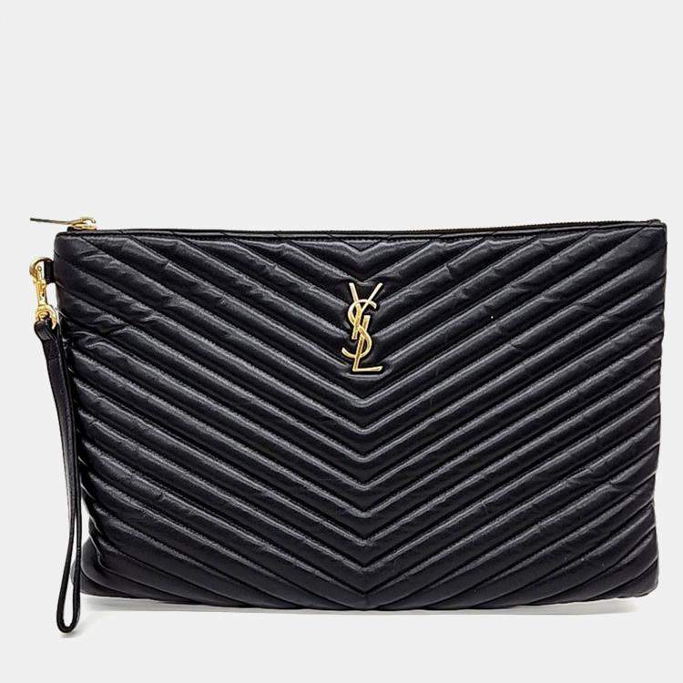 مملوكة مسبقًا Saint Laurent Paris Black Leather Monogram Clutch