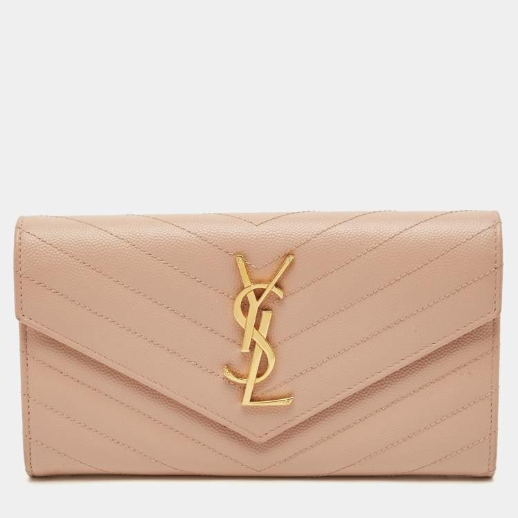 Pre Owned Saint Laurent Monogram Light Pink Matelassé Leather Envelope Wallet