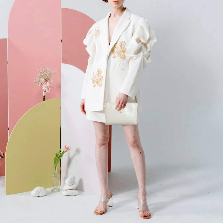 Pre Owned Saint Laurent Monogram White Croc Embossed Leather Wristlet Pouch 