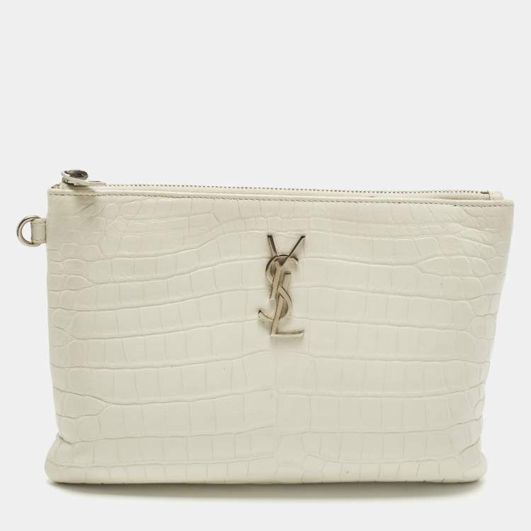 Pre Owned Saint Laurent Monogram White Croc Embossed Leather Wristlet Pouch 