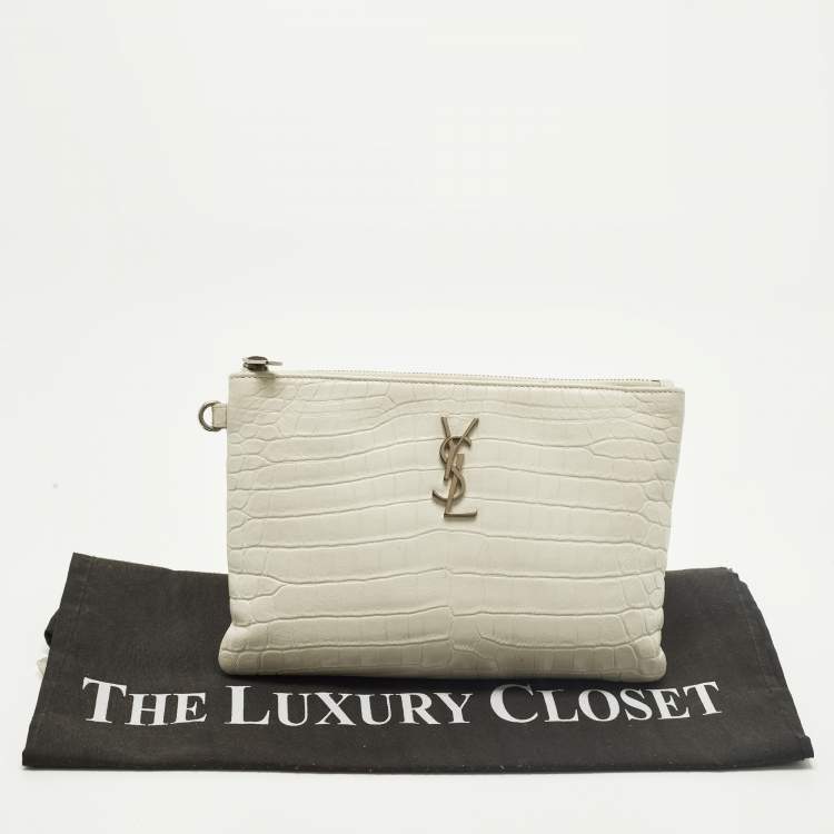 Pre Owned Saint Laurent Monogram White Croc Embossed Leather Wristlet Pouch 