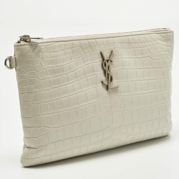 Pre Owned Saint Laurent Monogram White Croc Embossed Leather Wristlet Pouch 