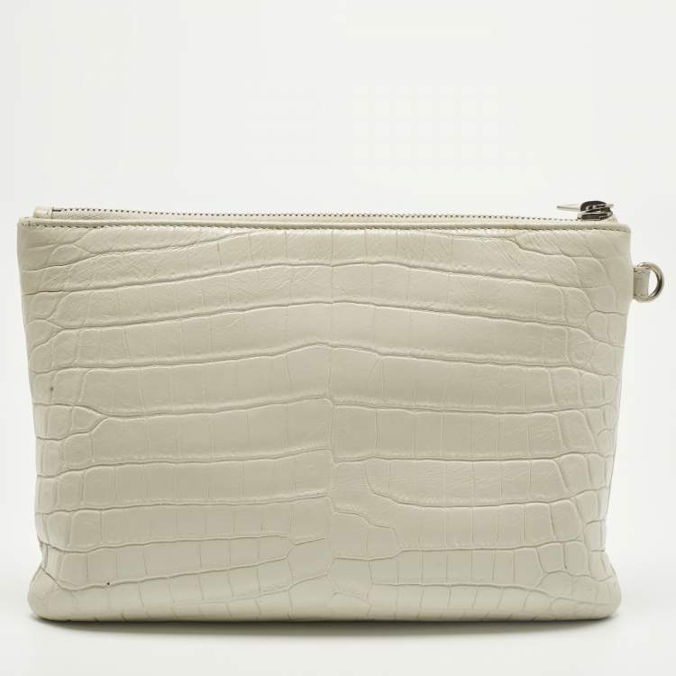 Pre Owned Saint Laurent Monogram White Croc Embossed Leather Wristlet Pouch 