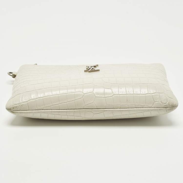 Pre Owned Saint Laurent Monogram White Croc Embossed Leather Wristlet Pouch 