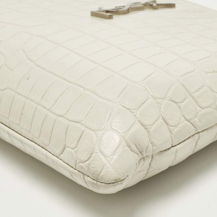 Pre Owned Saint Laurent Monogram White Croc Embossed Leather Wristlet Pouch 