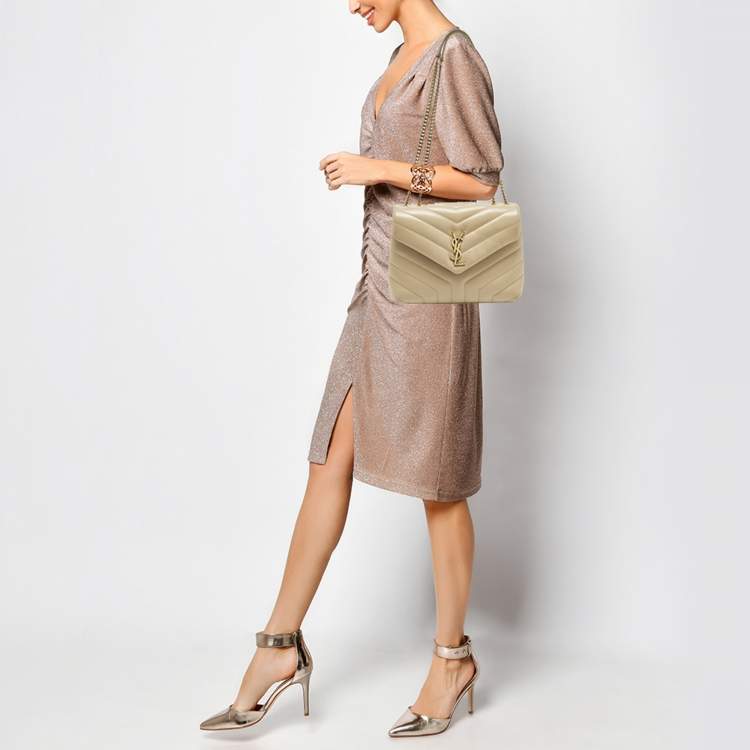 Pre Owned Saint Laurent Loulou Small Beige Matelassé Leather Shoulder Bag