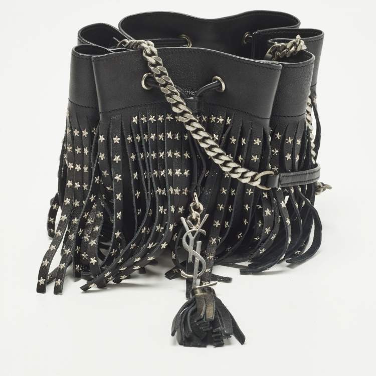 Pre Owned Saint Laurent Emmanuelle Studded Fringe Black Leather Bucket Bag