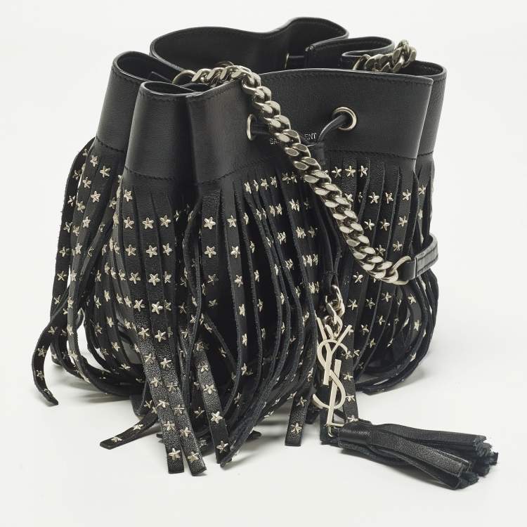 Pre Owned Saint Laurent Emmanuelle Studded Fringe Black Leather Bucket Bag