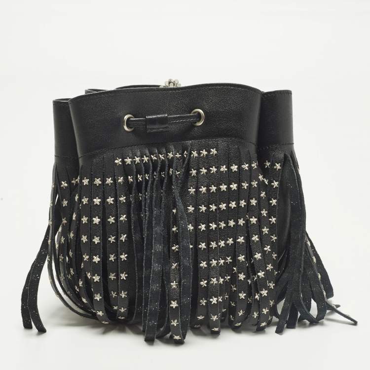 Pre Owned Saint Laurent Emmanuelle Studded Fringe Black Leather Bucket Bag