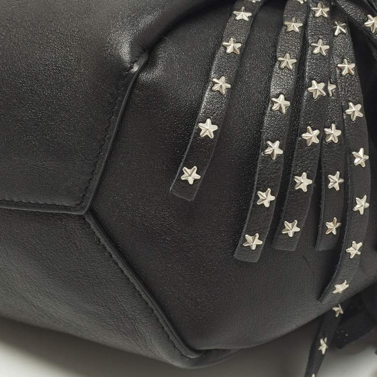 Pre Owned Saint Laurent Emmanuelle Studded Fringe Black Leather Bucket Bag