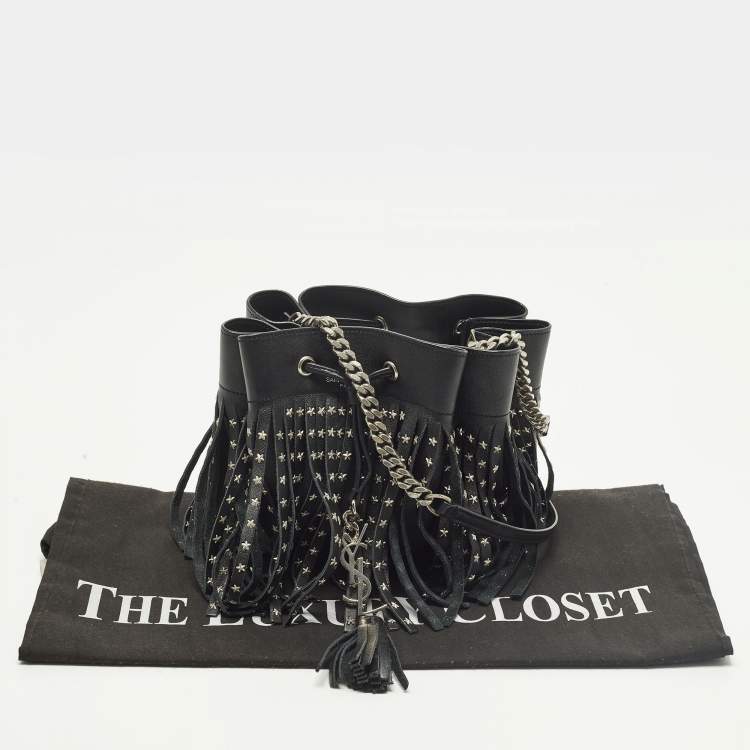 Pre Owned Saint Laurent Emmanuelle Studded Fringe Black Leather Bucket Bag