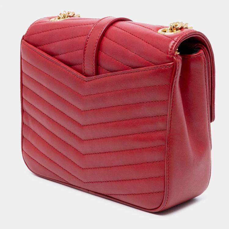 Pre Owned Saint Laurent Paris Red Small Chevron Lambskin Monogram Sulpice Bag