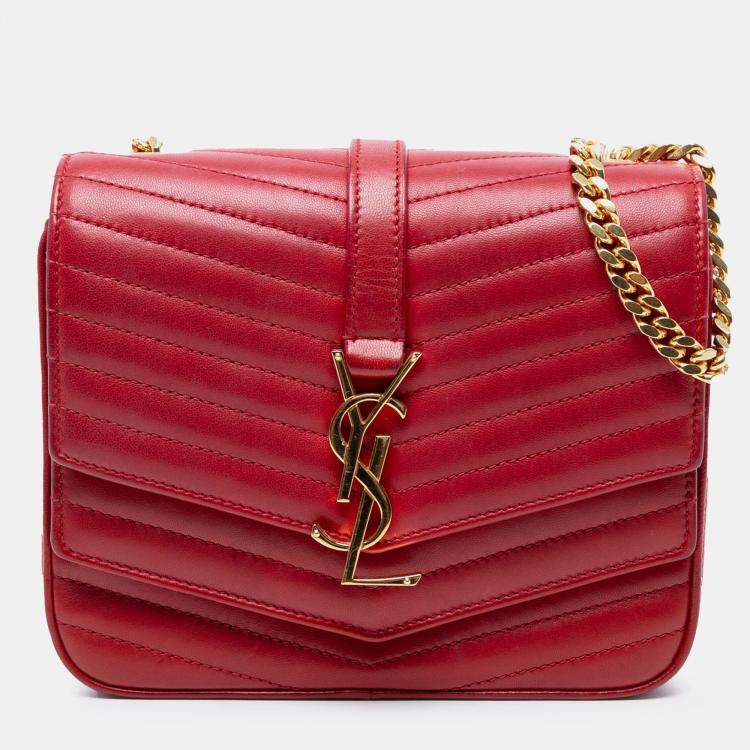 Pre Owned Saint Laurent Paris Red Small Chevron Lambskin Monogram Sulpice Bag