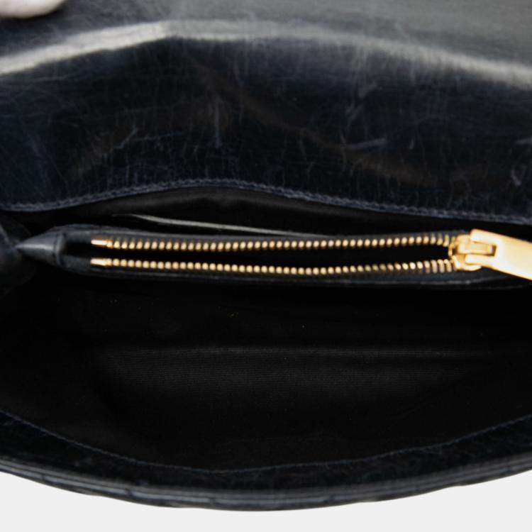 Pre Owned Saint Laurent Paris Black Medium Chevron Sheepskin Monogram College Satchel