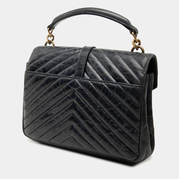 Pre Owned Saint Laurent Paris Black Medium Chevron Sheepskin Monogram College Satchel