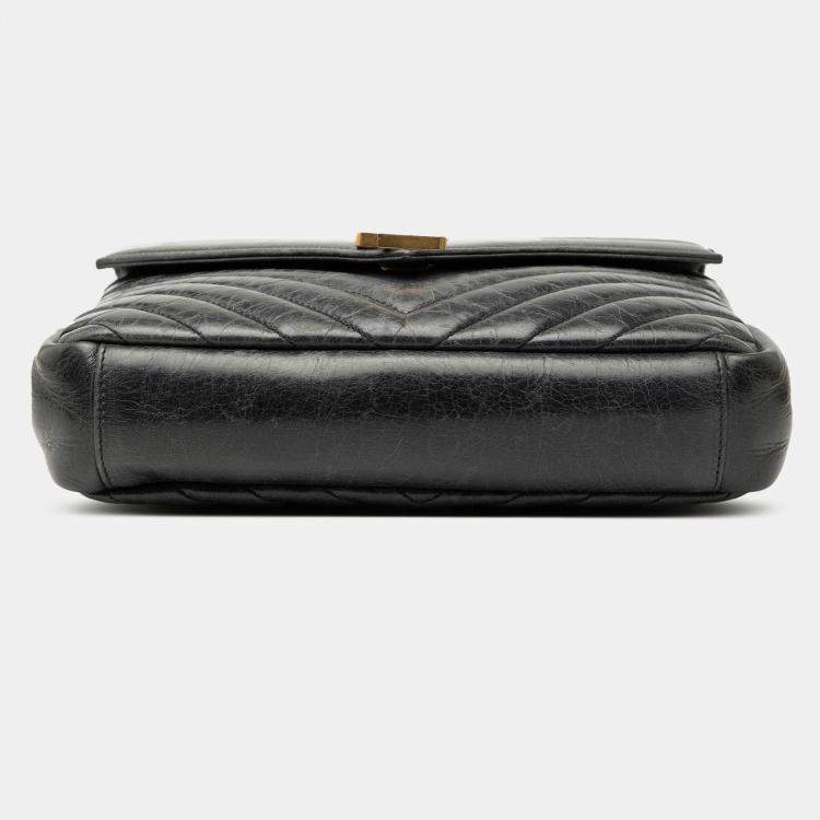 Pre Owned Saint Laurent Paris Black Medium Chevron Sheepskin Monogram College Satchel