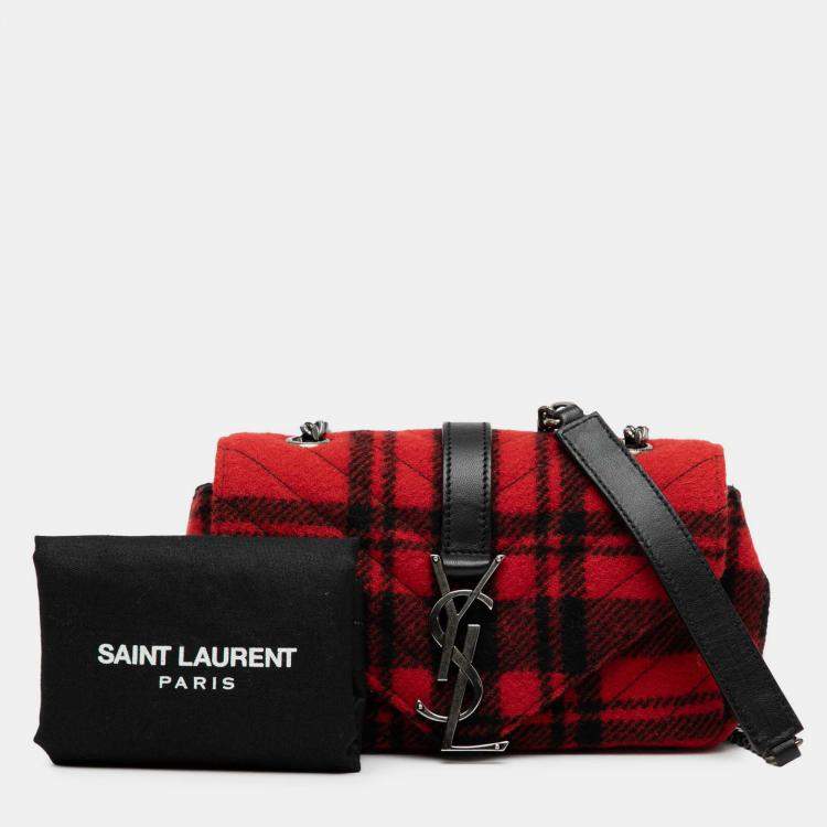 Pre Owned Saint Laurent Paris Red Baby Chevron Tartan Wool Monogram Classic Chain Bag