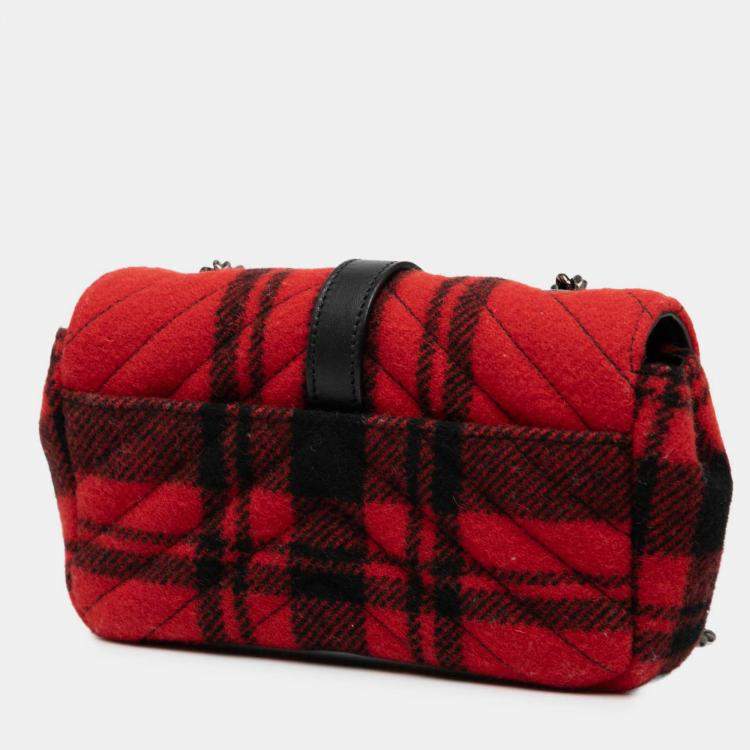 Pre Owned Saint Laurent Paris Red Baby Chevron Tartan Wool Monogram Classic Chain Bag
