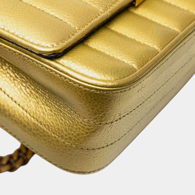 Pre Owned Saint Laurent Paris Gold Small Metallic Grain De Poudre Monogram Vicky Chain Bag