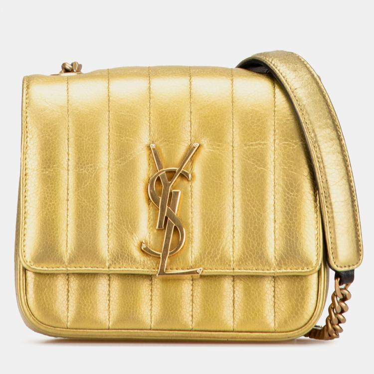 Pre Owned Saint Laurent Paris Gold Small Metallic Grain De Poudre Monogram Vicky Chain Bag