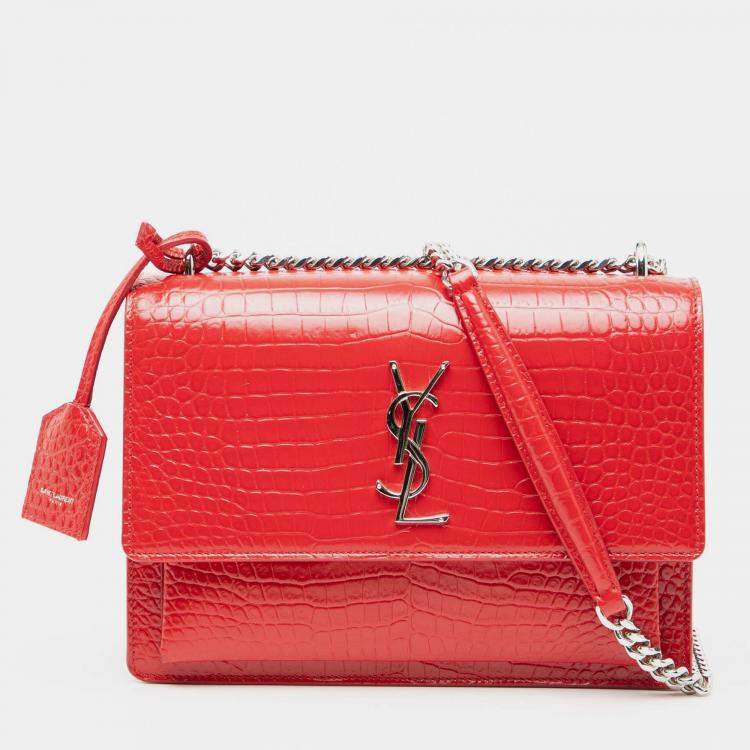 Pre Owned Saint Laurent Paris Red Medium Croc Embossed Monogram Sunset Bag