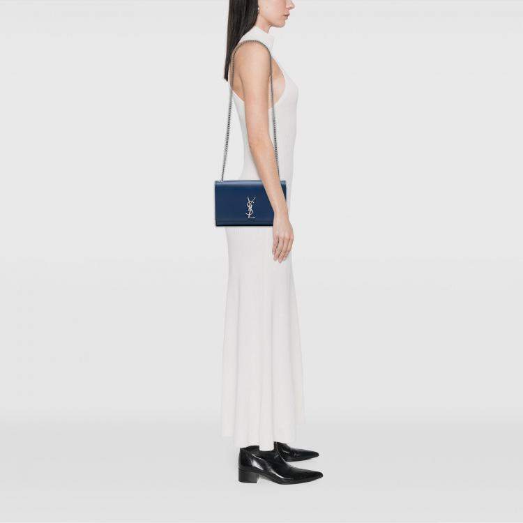 Pre Owned Saint Laurent Paris Blue Medium Grain De Poudre Monogram Kate Crossbody