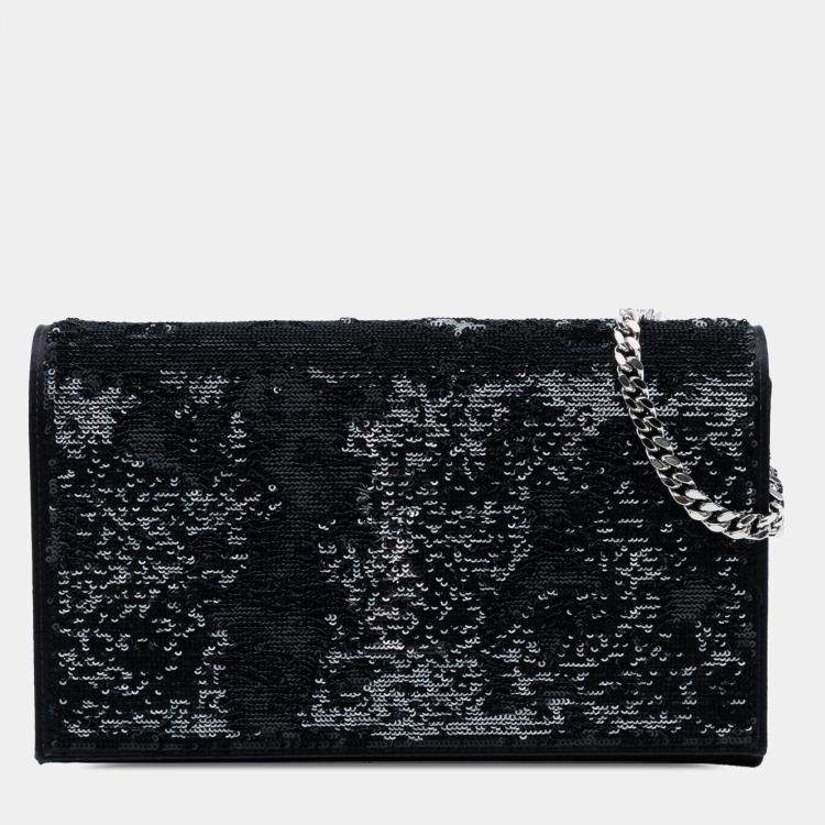 مملوكة مسبقًا Saint Laurent Paris Black Sequin Monogram Kate Wallet on Chain
