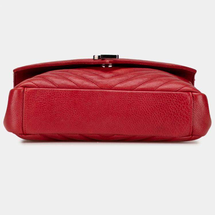 Pre Owned Saint Laurent Paris Red Medium Chevron Sheepskin Monogram College Satchel