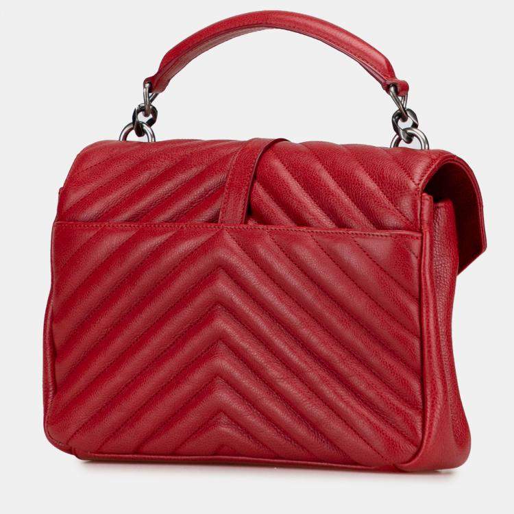 Pre Owned Saint Laurent Paris Red Medium Chevron Sheepskin Monogram College Satchel
