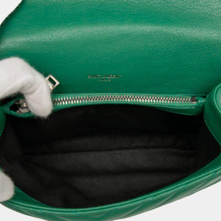 Pre Owned Saint Laurent Paris Green Medium Quilted Chevron Sheepskin College Satchel