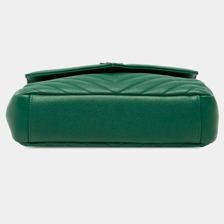 Pre Owned Saint Laurent Paris Green Medium Quilted Chevron Sheepskin College Satchel