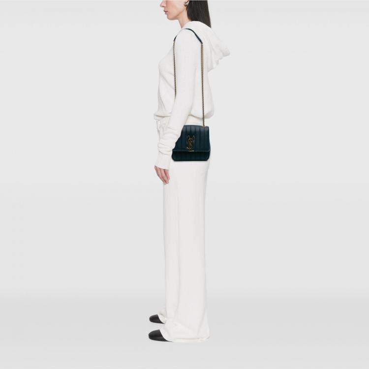 Pre Owned Saint Laurent Paris Blue Medium Lambskin Monogram Vicky Chain Bag