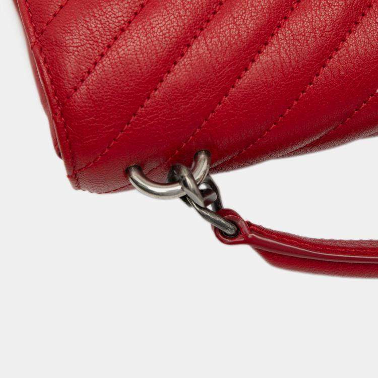 Pre Owned Saint Laurent Paris Red Medium Quilted Chevron Sheepskin College Satchel