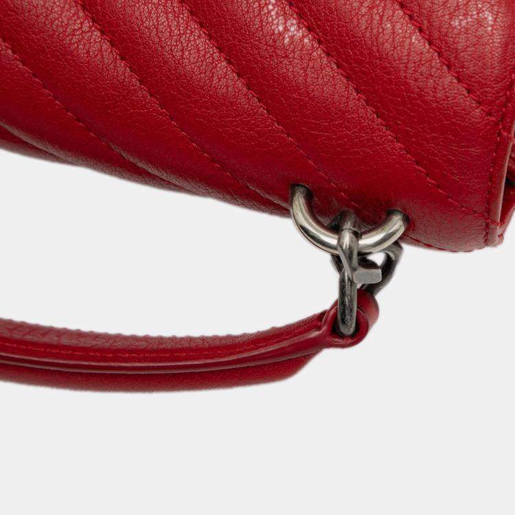Pre Owned Saint Laurent Paris Red Medium Quilted Chevron Sheepskin College Satchel