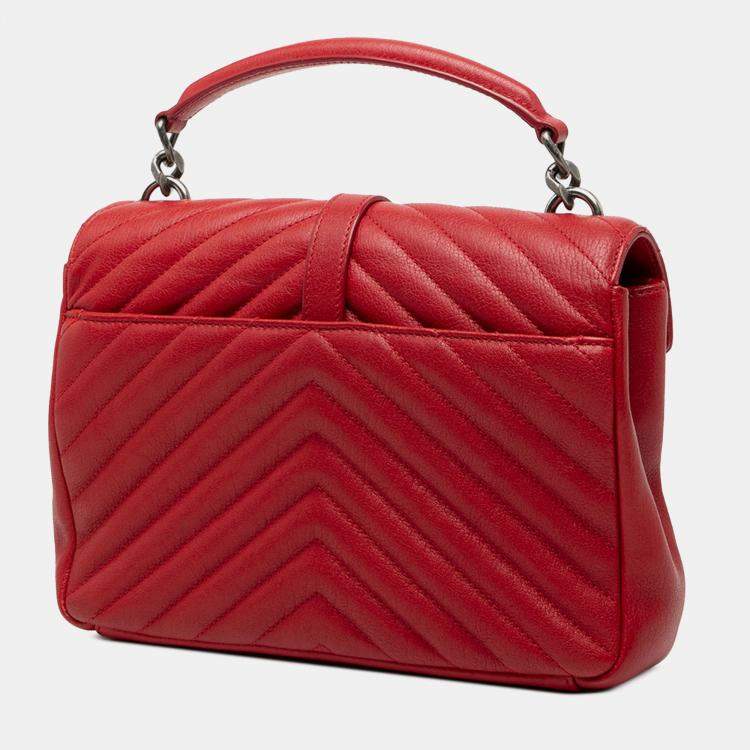 Pre Owned Saint Laurent Paris Red Medium Quilted Chevron Sheepskin College Satchel