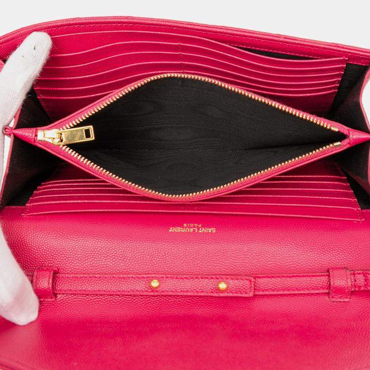 Pre Owned Saint Laurent Paris Pink Grain De Poudre Classic Cassandre Chain Wallet