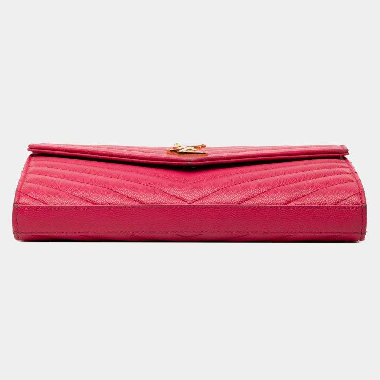 Pre Owned Saint Laurent Paris Pink Grain De Poudre Classic Cassandre Chain Wallet