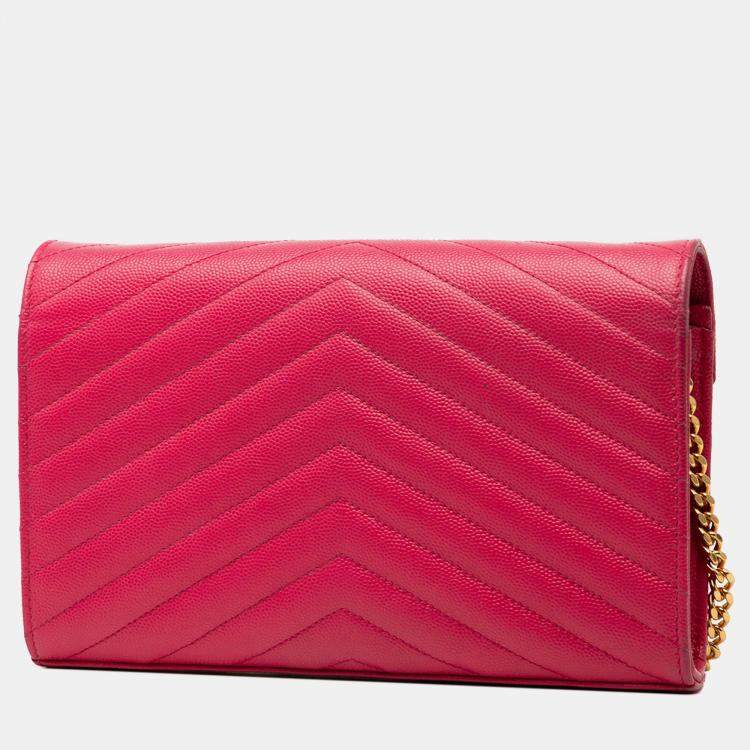 Pre Owned Saint Laurent Paris Pink Grain De Poudre Classic Cassandre Chain Wallet