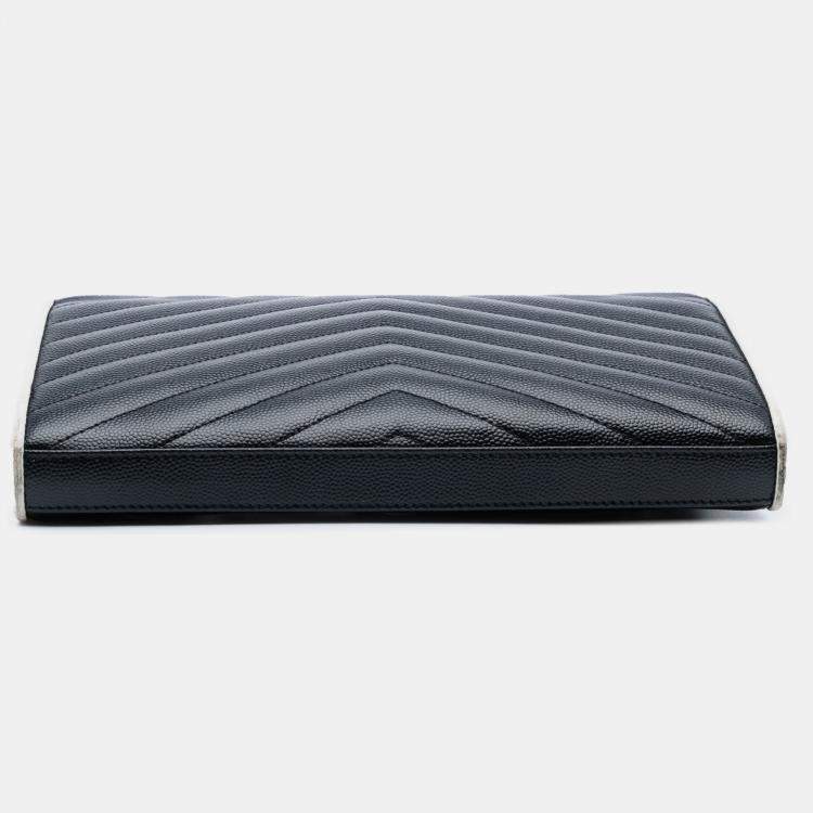Pre Owned Saint Laurent Paris Black Grain De Poudre Matelasse Chevron Monogram Chain Wallet