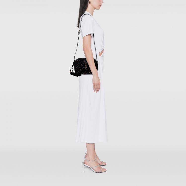 مملوكة مسبقًا Saint Laurent Paris Black Suede Crystal Monogram Lou Camera Bag