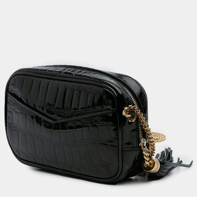 Pre Owned Saint Laurent Paris Black Mini Croc Embossed Patent Monogram Lou Camera Bag