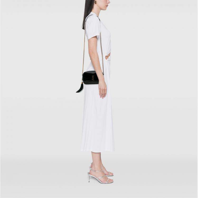 Pre Owned Saint Laurent Paris Black Mini Croc Embossed Patent Monogram Lou Camera Bag