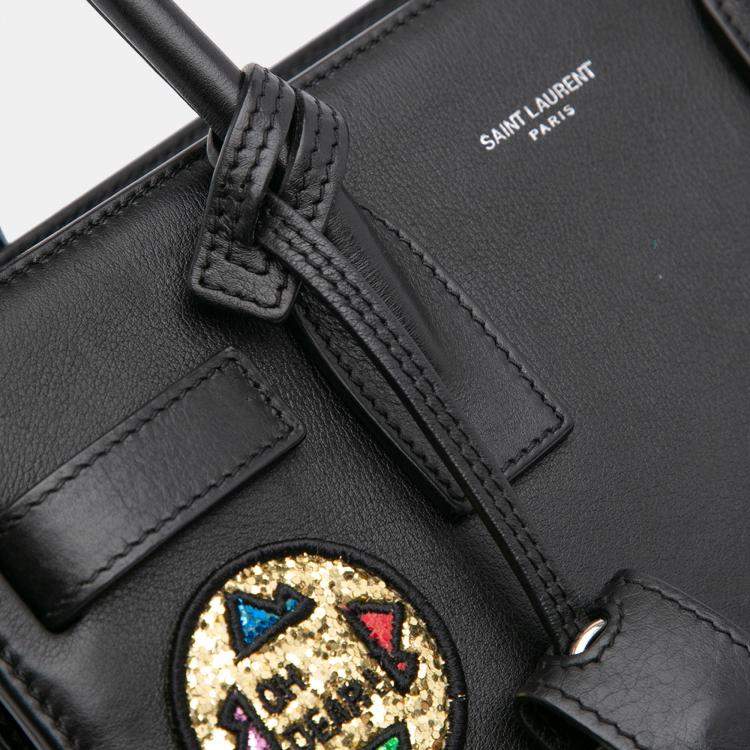 Pre Owned Saint Laurent Paris Black Baby Leather Patch Embellished Sac De Jour Satchel