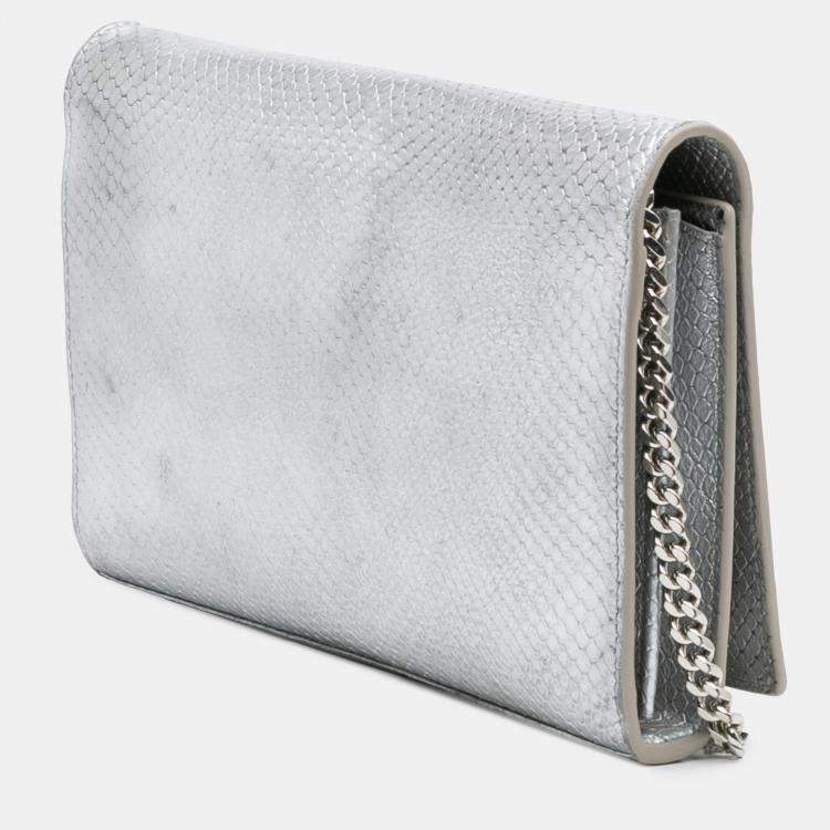 Pre Owned Saint Laurent Paris Silver Metallic Python Embossed Leather Monogram Kate Wallet on Chain