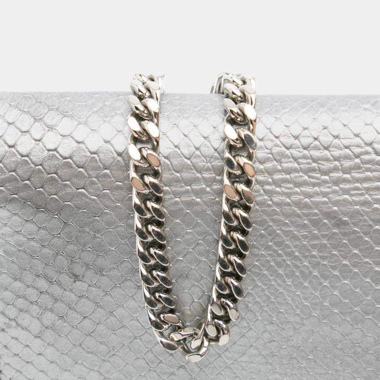 Pre Owned Saint Laurent Paris Silver Metallic Python Embossed Leather Monogram Kate Wallet on Chain