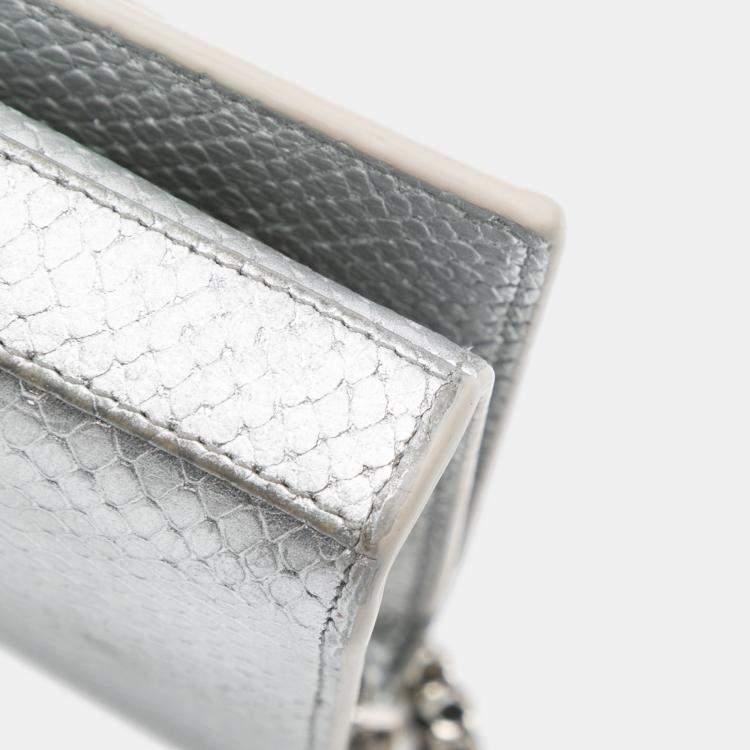 Pre Owned Saint Laurent Paris Silver Metallic Python Embossed Leather Monogram Kate Wallet on Chain